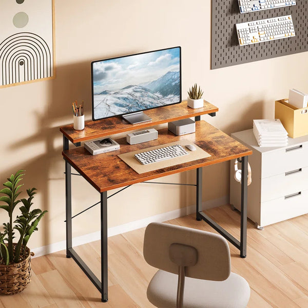 Adjustable Height Computer Desk with Monitor Shelf